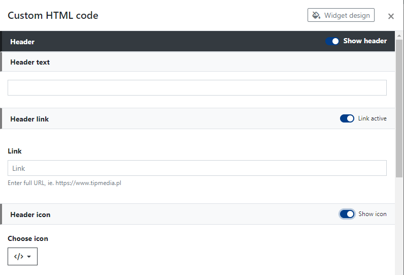 Custom HTML Code Widget Header Settings