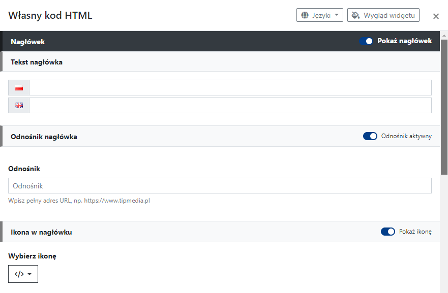 Ustawienia Nagłówka widgetu Własny kod HTML