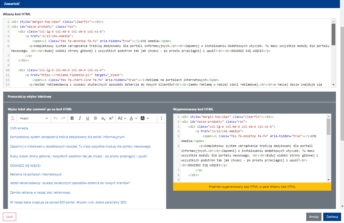 Ustawienia Zawartości widgetu Własny kod HTML