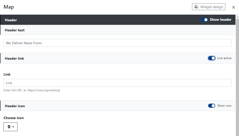 Map Widget Header Settings