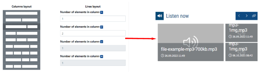 Audio Materials Widget Content Settings: 2 Columns in a 2/3 + 1/3 Layout, Number of Elements in Column 1 = 1, Number of Elements in Column 2 = 2.