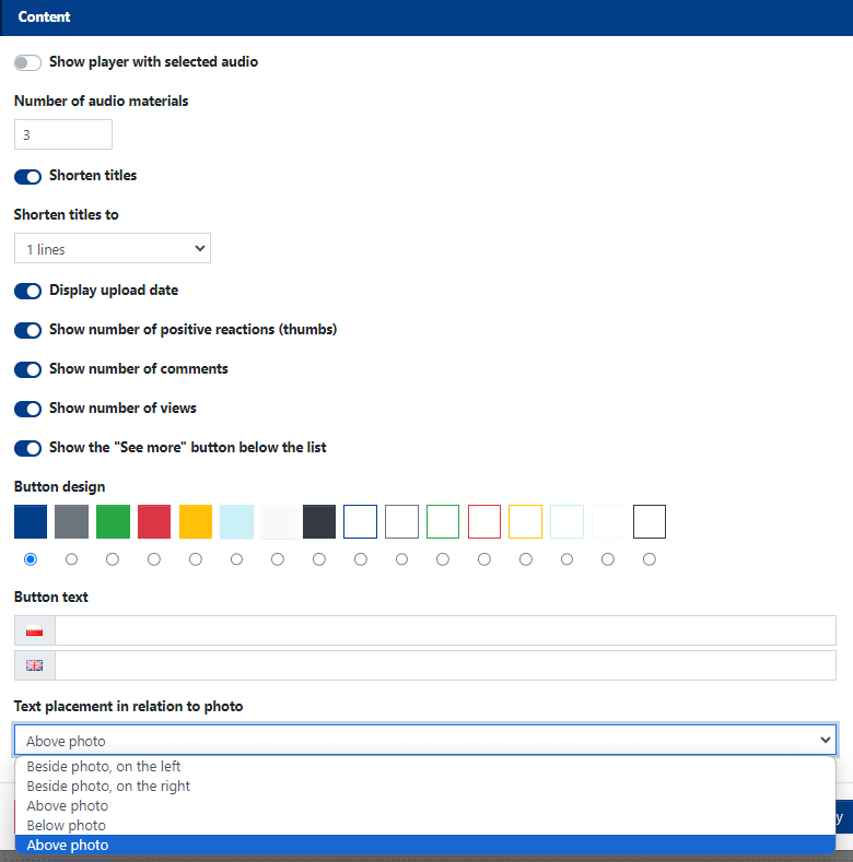 Audio Materials Widget Content Settings.