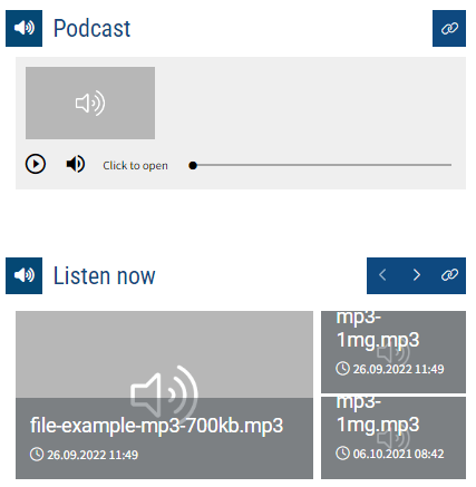 Examples of the Audio Materials Widget's appearance. "Podcast" is a widget in the form of an audio player, while "Listen now" is a widget configured to display multiple audio materials in a single widget.