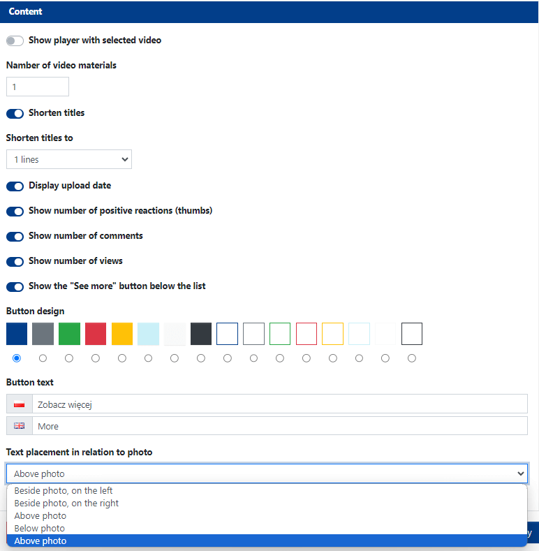 Content Section Settings for the Video Materials Widget