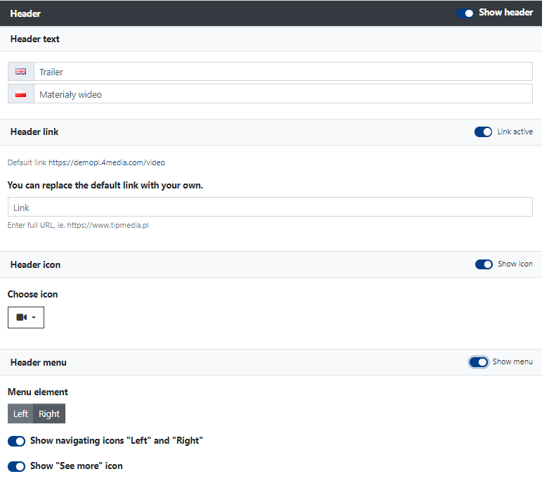 Header Settings for the Video Materials Widget