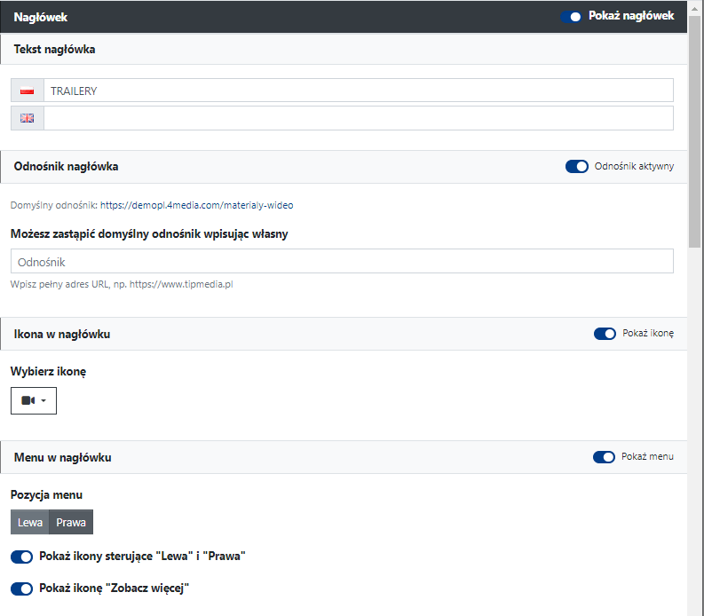Ustawienia nagłówka widgetu Materiały wideo