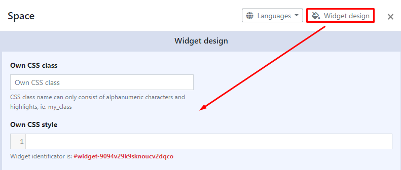 CSS Settings for the Space Widget - visible after clicking the "Widget Design" button.