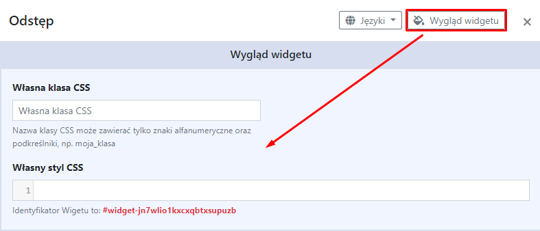 Ustawienia CSS widgetu Odstęp - widoczne po kliknięciu w przycisk “Wygląd widgetu”