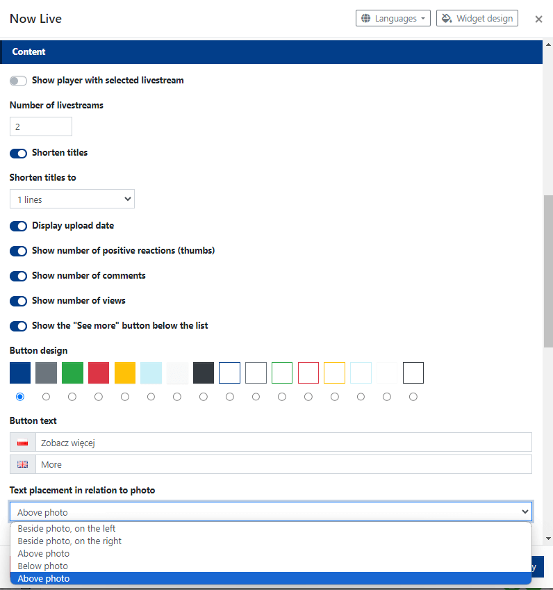 Content Settings for the Live Broadcasts Widget - the ability to set the display of multiple live broadcasts in one widget.