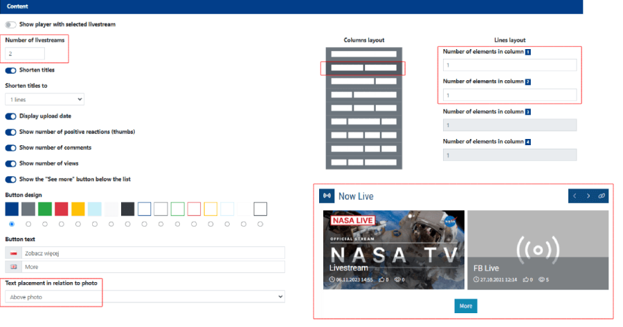 Example settings for displaying 2 video materials in the widget.