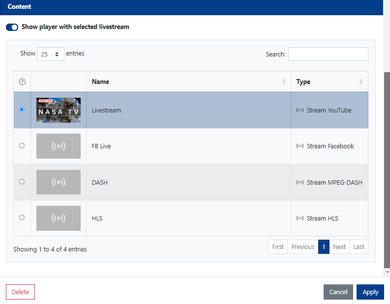 Settings for the Content of the Live Broadcasts Widget for displaying a single video material - "Show Player with Selected Livestream."