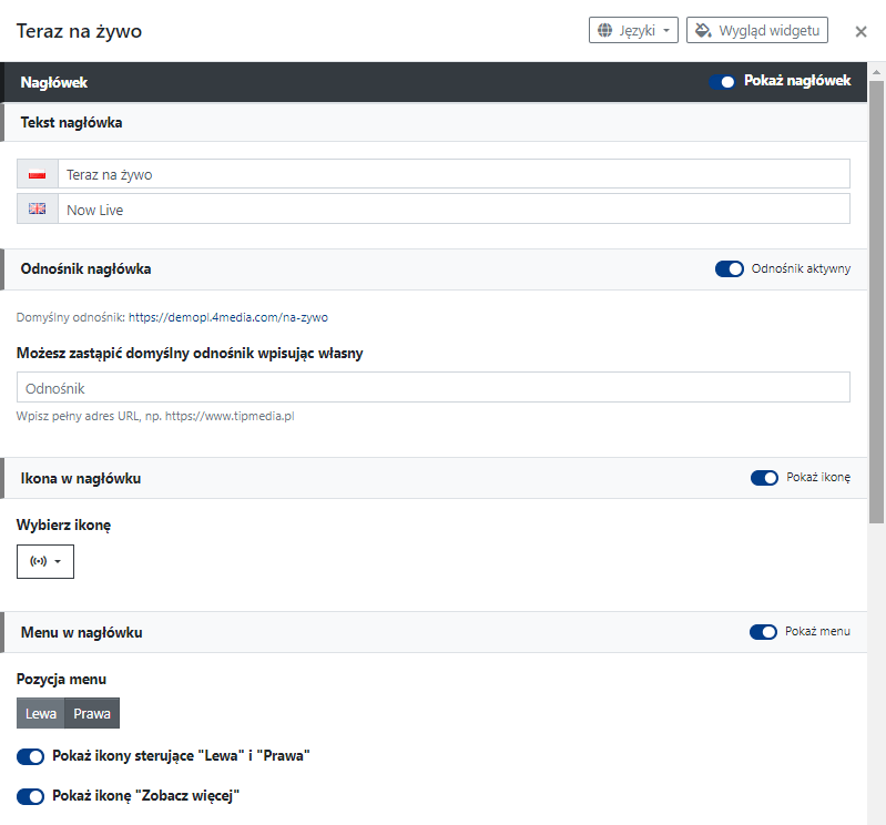 Ustawienia nagłówka widgetu Relacje na żywo.