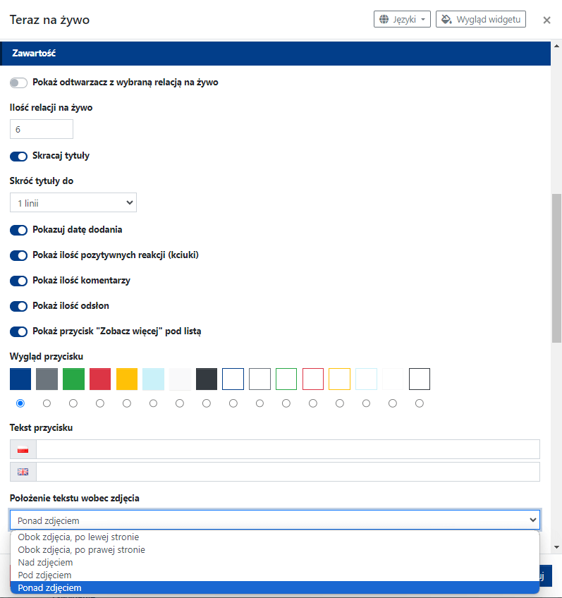 Ustawienia zawartości widgetu Relacje na żywo - możliwość ustawienia wyświetlania wielu relacji na żywo w jednym widgecie.