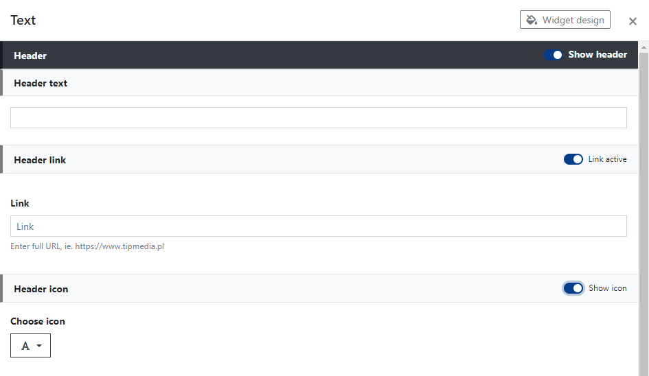 Widget Text Header Settings