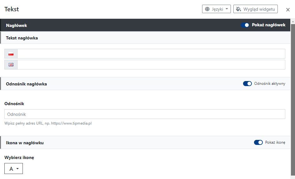 Ustawienia nagłówka widgetu Tekst