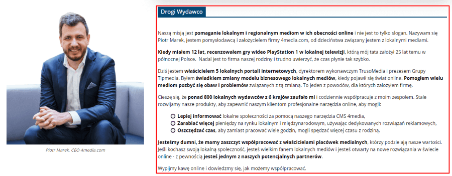 Widget Tekst (w czerwonej ramce). Przykład wykorzystania na stronie głównej 4media.com