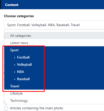 Categories selected for display in the widget - highlighted in blue.