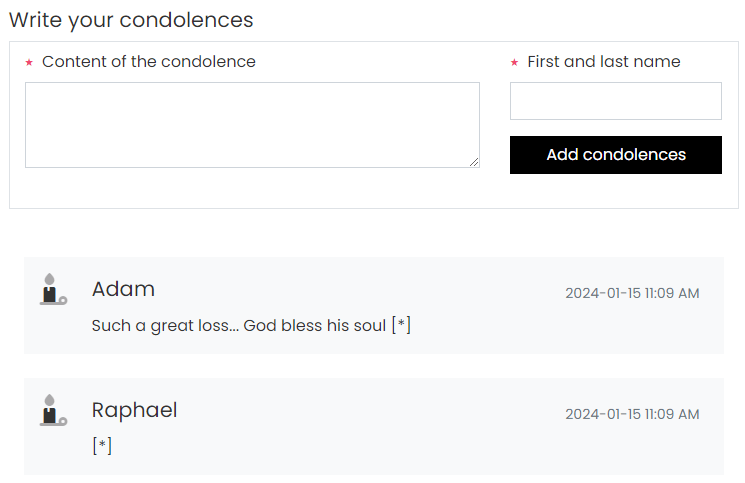 Condolences - a new type of comments added under obituaries.