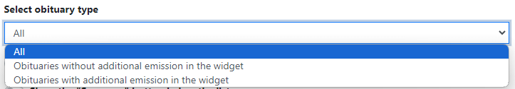 The dropdown list "Select obituary type" allows choosing the type of obituaries for emission.