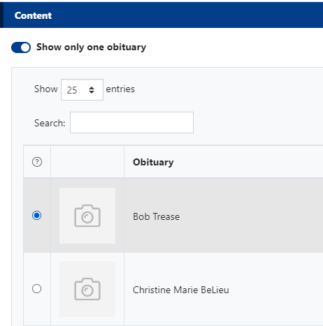 The "Show only selected obituary" option in the Obituaries widget content section allows displaying only one obituary.