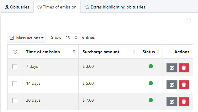 Times of emission for obituaries and additional fees for users.