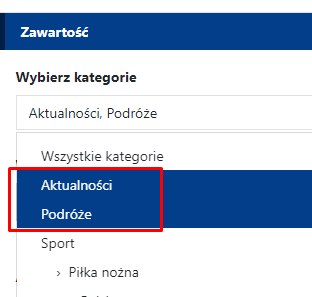 Kategorie wybrane do wyświetlania w widgecie - podświetlone na niebiesko.