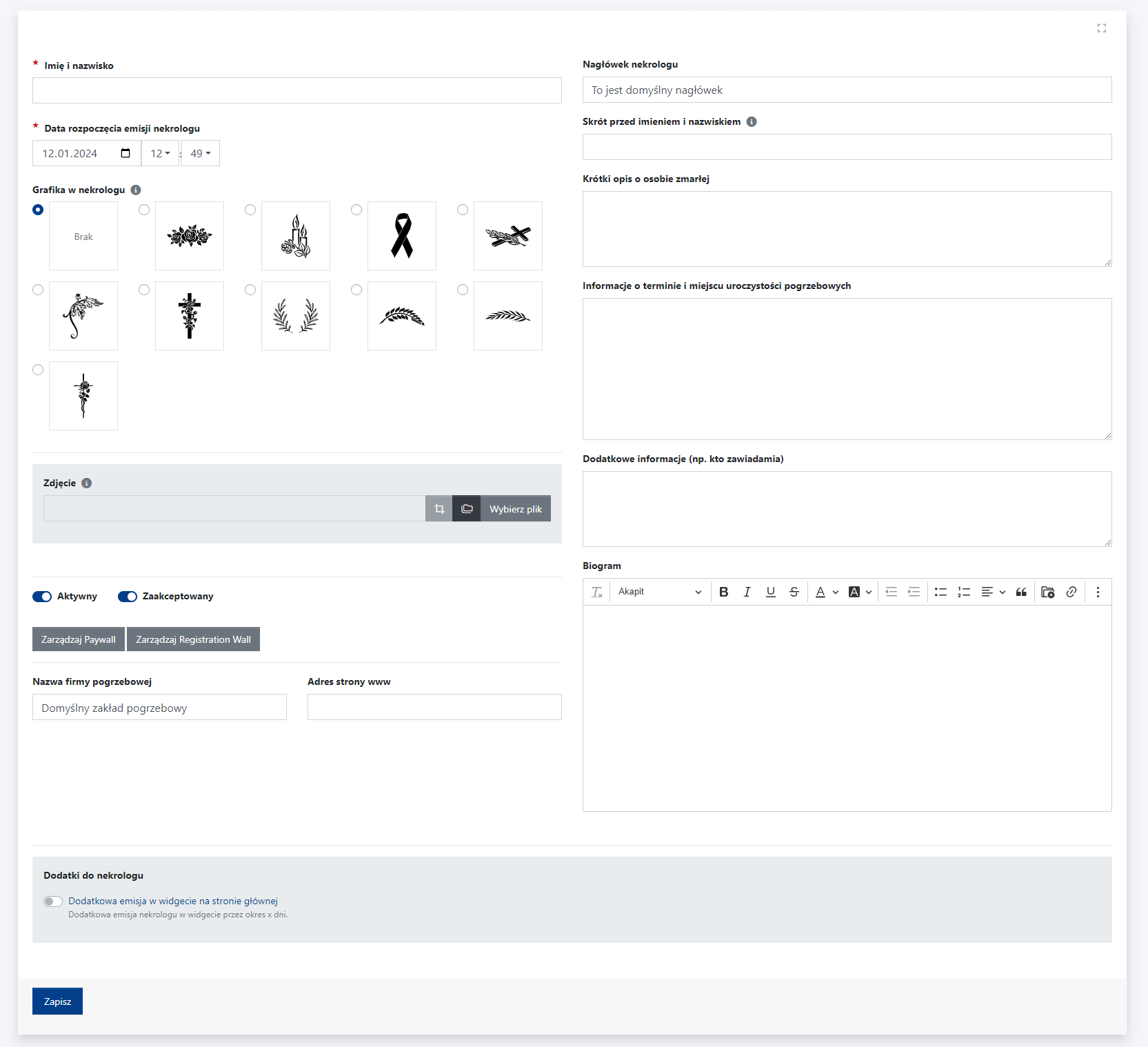 Nowy formularz dodawania nekrologu