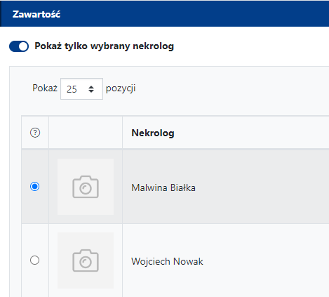 Opcja “Pokaż tylko wybrany nekrolog” w sekcji Zawartość widgetu Nekrologi pozwala wyświetlać tylko jeden nekrolog.