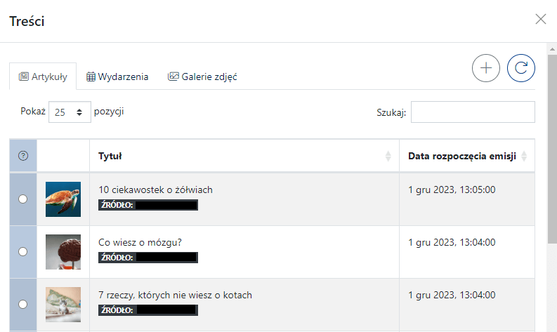 Okno z wyborem treści opublikowanej w CMS 4media w modułach Artykuły, Wydarzenia oraz Galerie zdjęć.