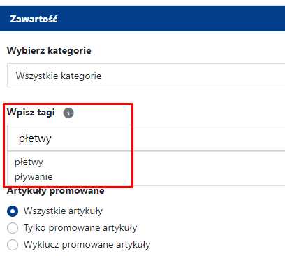 Wybór tagów w sekcji Zawartość widgetu Aktualności.