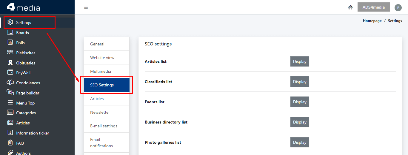 SEO Settings is now a new tab in the Settings module