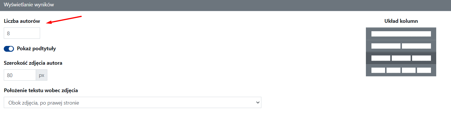 Widget Autorzy: Wyświetlanie wyników, liczba autorów
