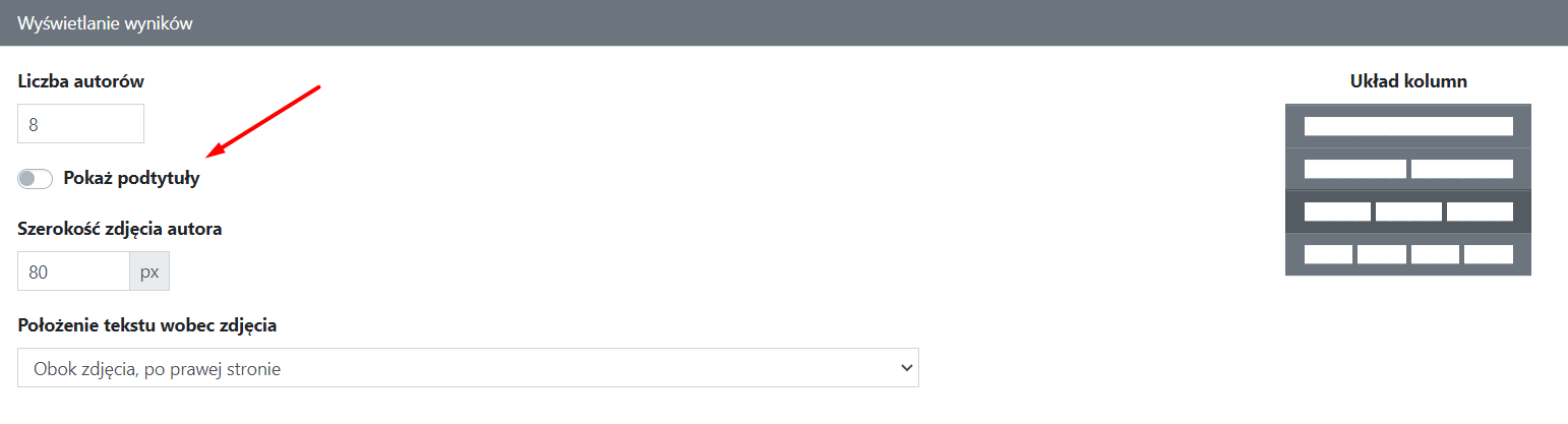 Widget Autorzy: Wyświetlanie wyników, pokaż podtytuły