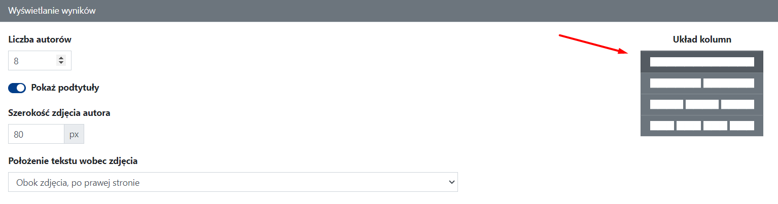 Widget Autorzy: Wyświetlanie wyników, układ kolumn