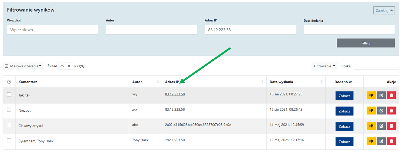 filtrowanie komentarzy po adresie IP