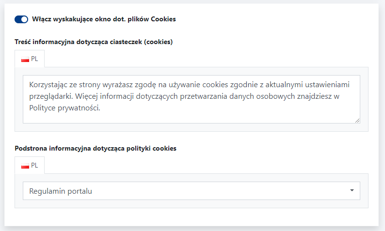 Edycja okna dotyczącego plików Cookies