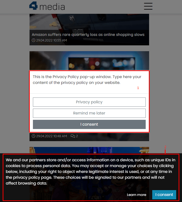 1. Privacy Policy Pop-up Window 2. Cookies Pop-up Window