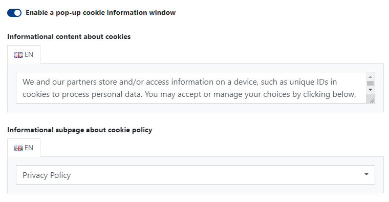 Editing the Cookies Pop-up Window