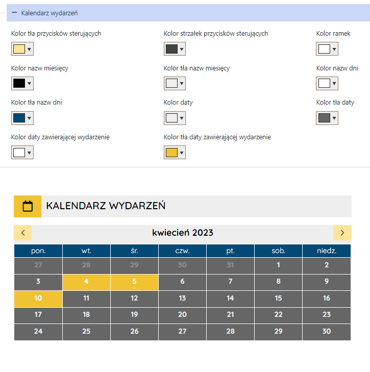 Settings for event calendar elements.