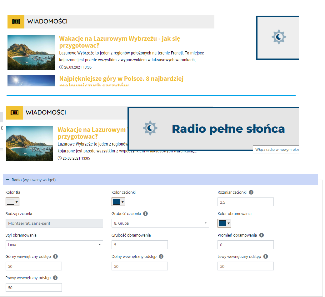 Another example of how the slide-out radio widget may look – screenshots before and after sliding out and widget appearance settings.