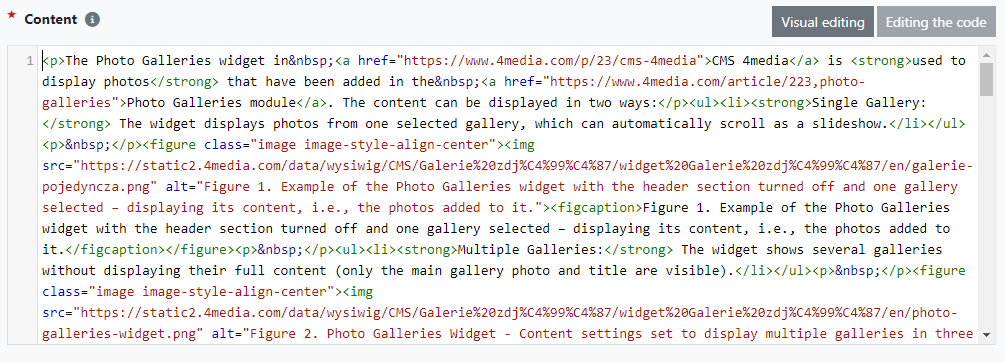 HTML code editing view