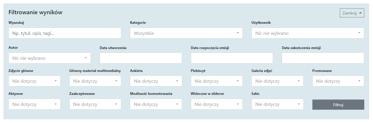 filtrowanie wyników w artykułach