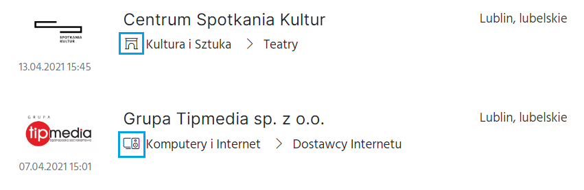 Ikony na liście wpisów do katalogu firm