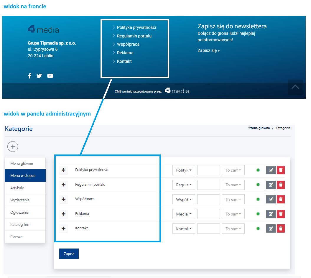 Menu w stopce - widok na froncie oraz w panelu administracyjnym