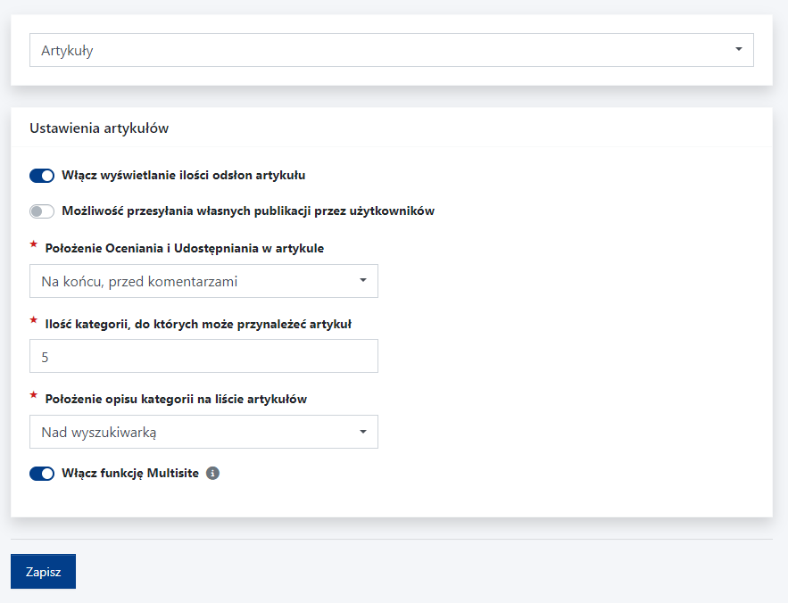 ustawienia artykułów