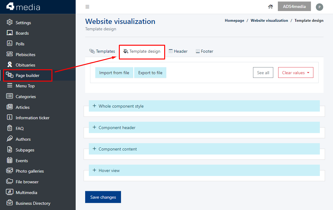 Template design (layout) settings in the Website Visualization (Page builder) module.