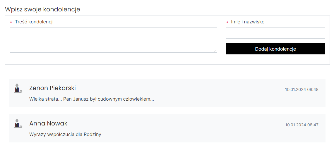 Dodawanie kondolencji pod nekrologiem
