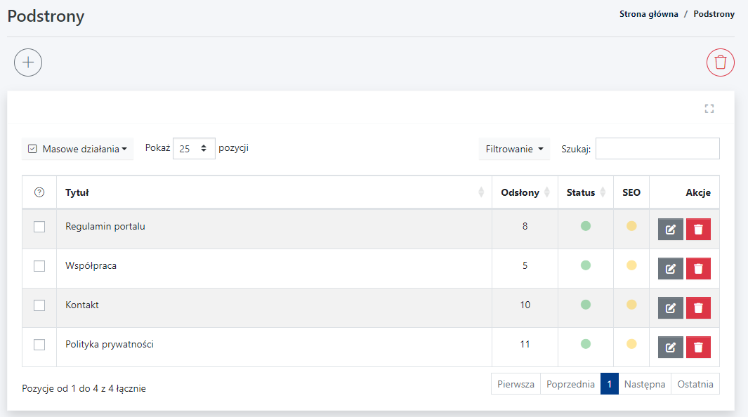 Lista podstron w module Podstrony w CMS 4media