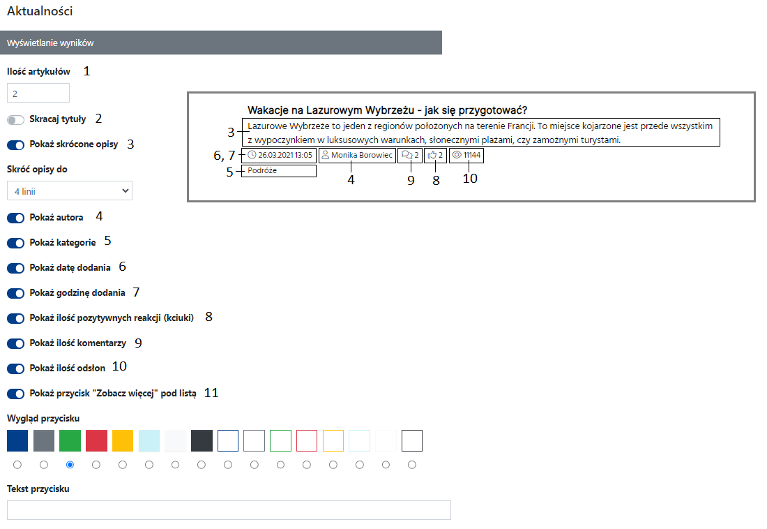 Ustawienia dot. wyświetlania wyników w widgecie Aktualności.