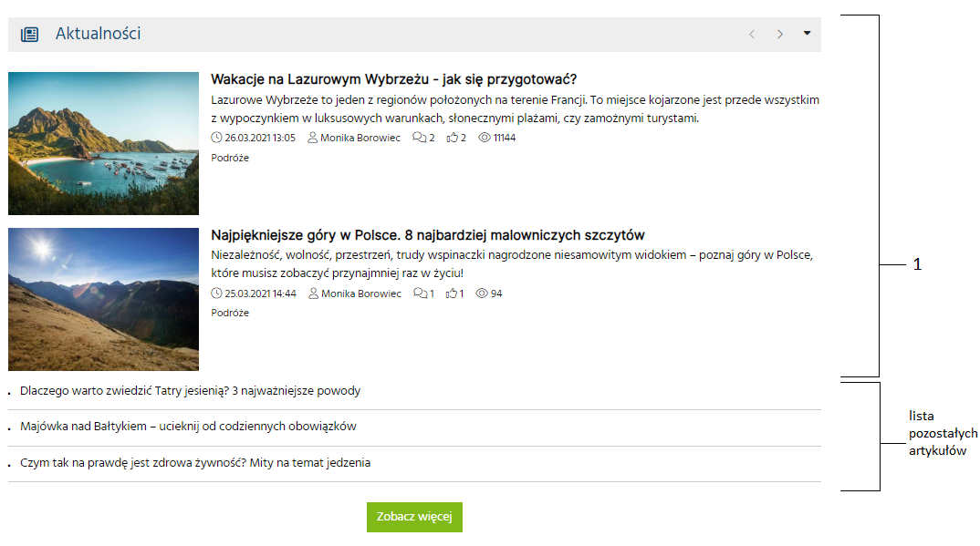 Przykład widgetu z 2 artykułami i 3  wpisami na liście pozostałych artykułów i przyciskiem "Zobacz więcej"